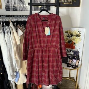 Prana Loop To Pines Rhubarb Heather Plaid Organic Cotton Flannel Dress Womens XL
